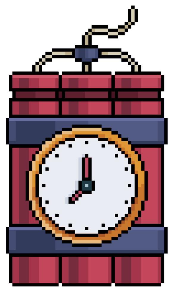 Pixel art dynamite with analog timer vector icon for 8bit game on white background