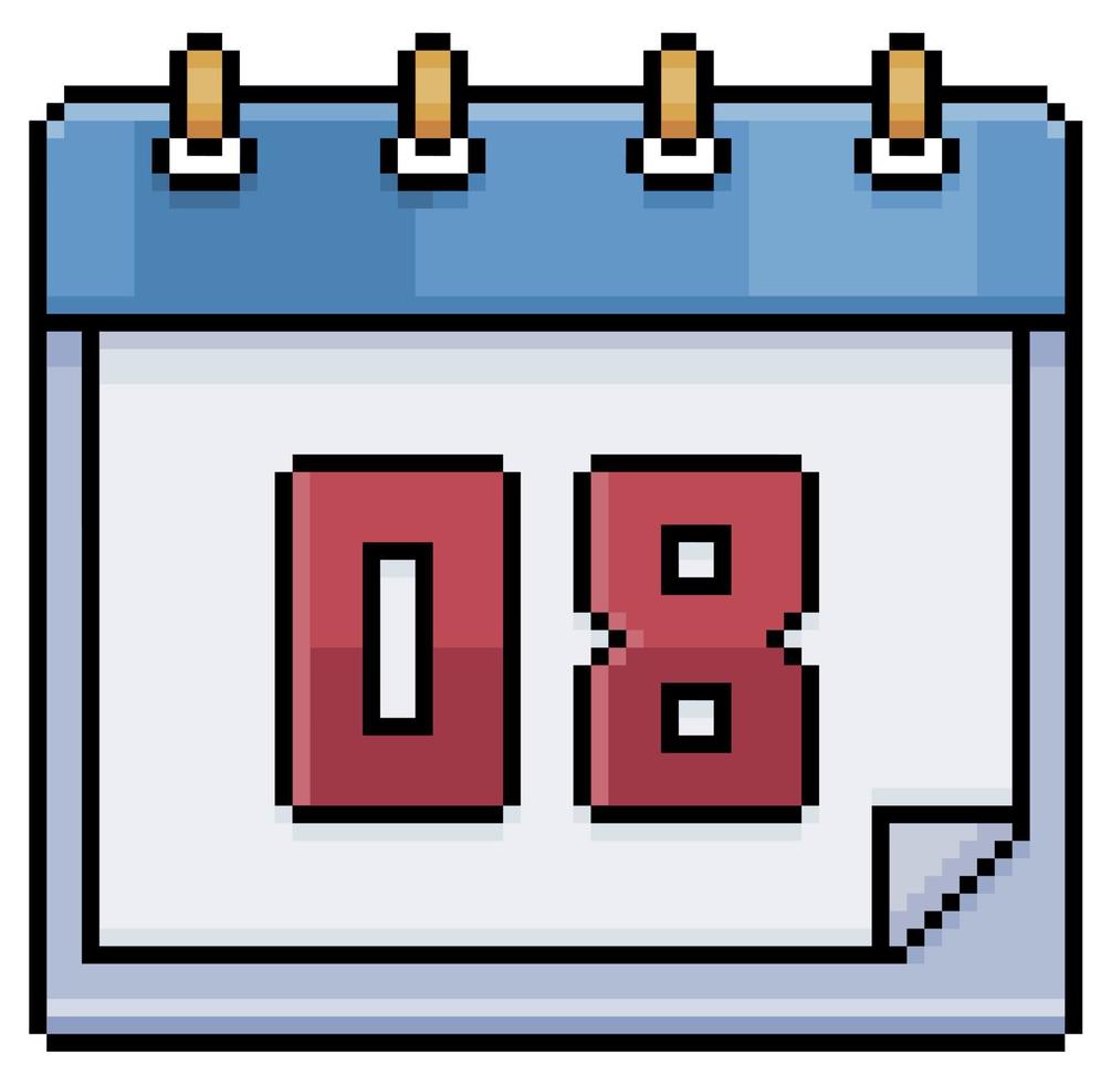 calendario de arte de píxeles con fecha 08. día 08. icono de vector de día festivo 08 para juego de 8 bits sobre fondo blanco