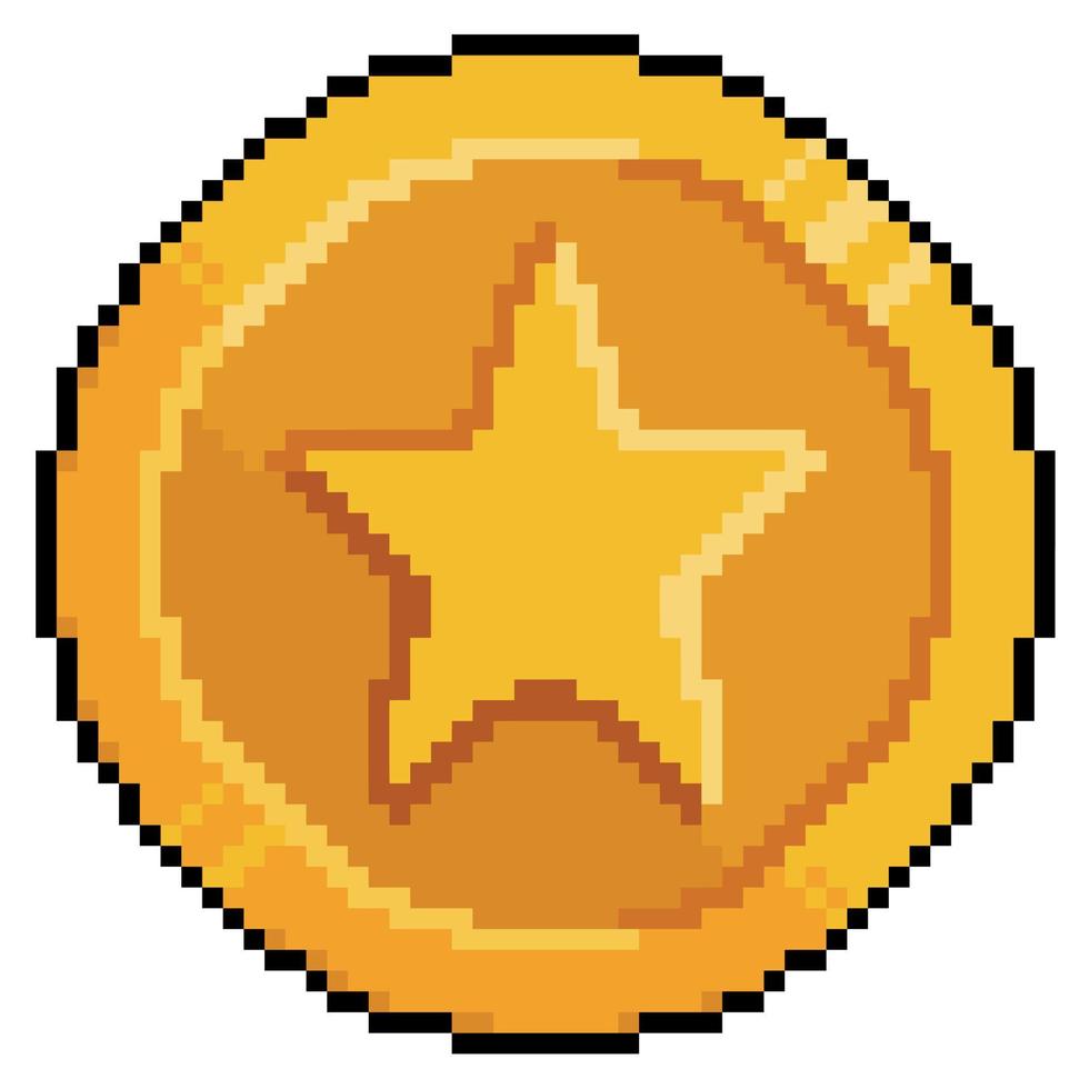 Pixel art gold coin vector icon for 8bit game on white background