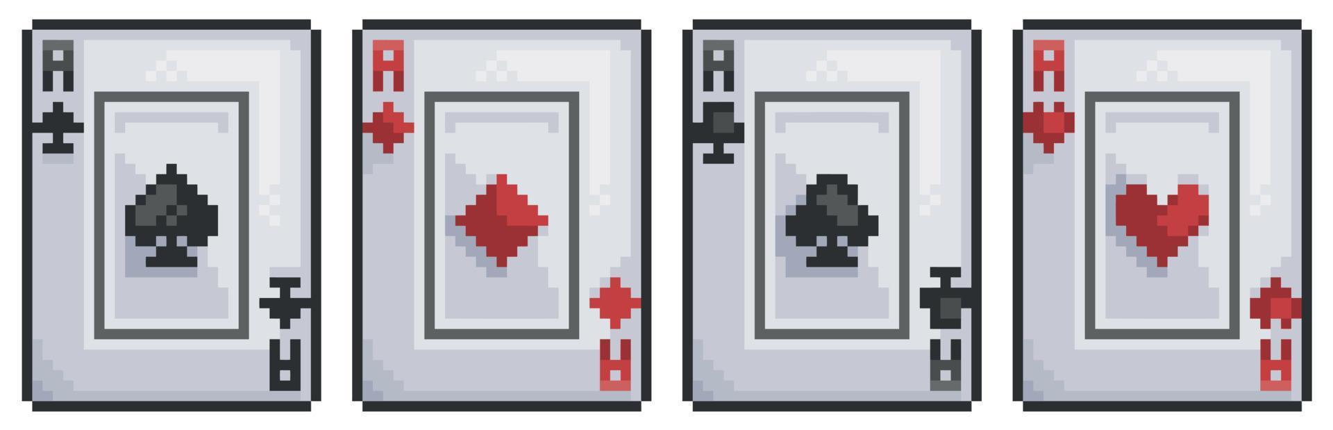 Pixel art playing card, spades, hearts, gold, sticks vector icon for 8bit game on white background