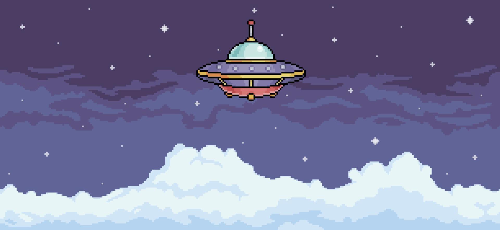 Pixel art UFO in the cloudy sky. Alien spaceship flying in the night sky. 8  bit vector background 9726915 Vector Art at Vecteezy