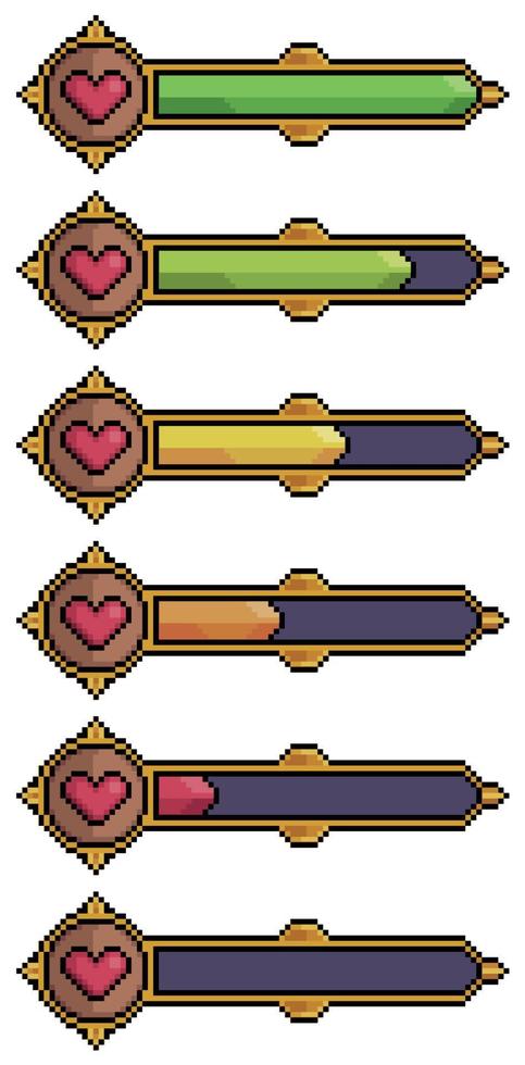 Pixel art life bar. Progressive health bar vector icon for 8bit game on white background