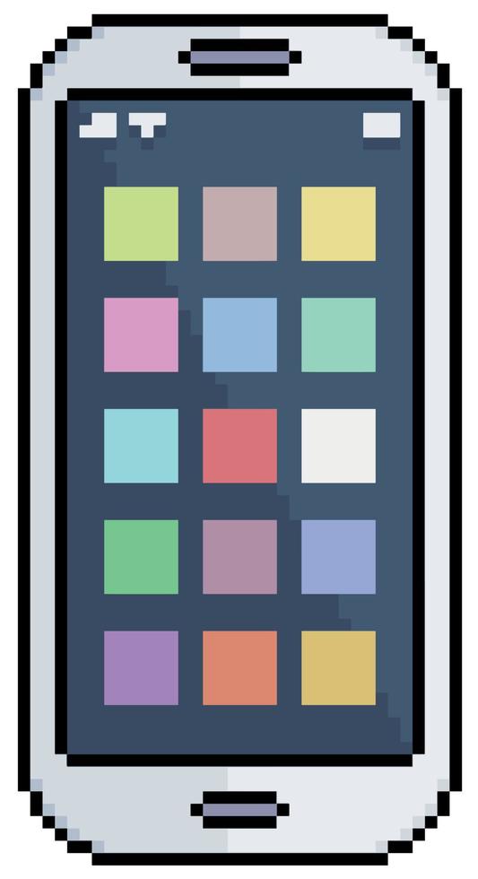 Pixel art mobile phone with menu and app icons vector icon for 8bit game on white background