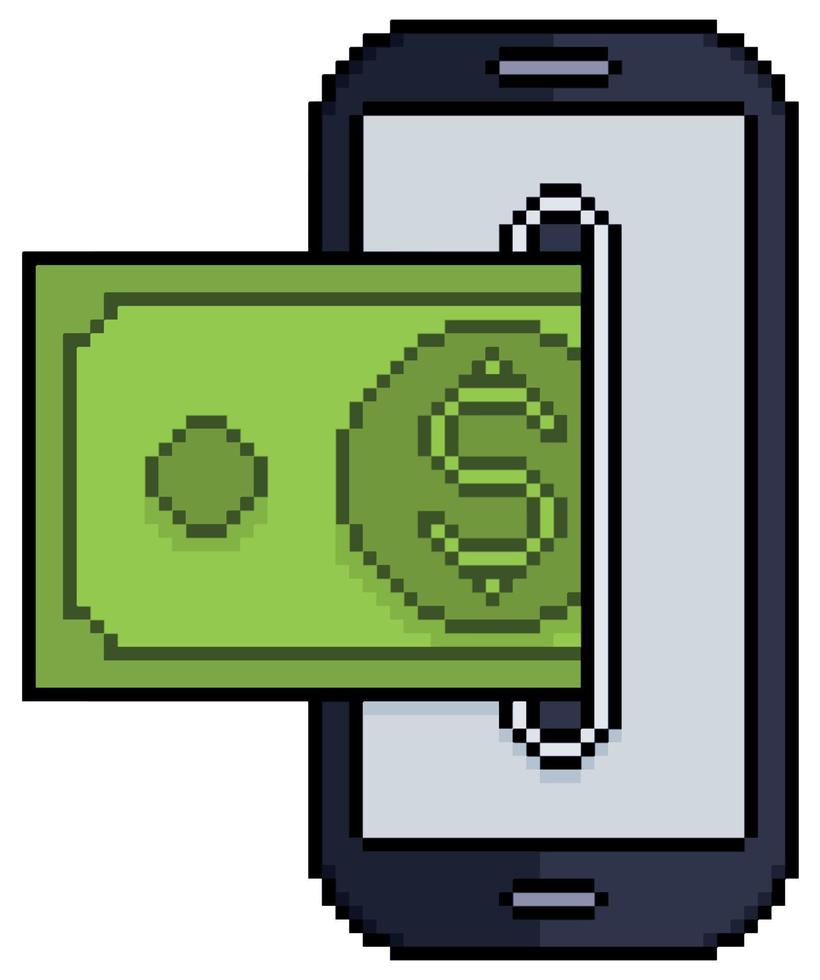 Pixel art mobile phone with banknote, money bill. Mobile payment vector icon for 8bit game on white background