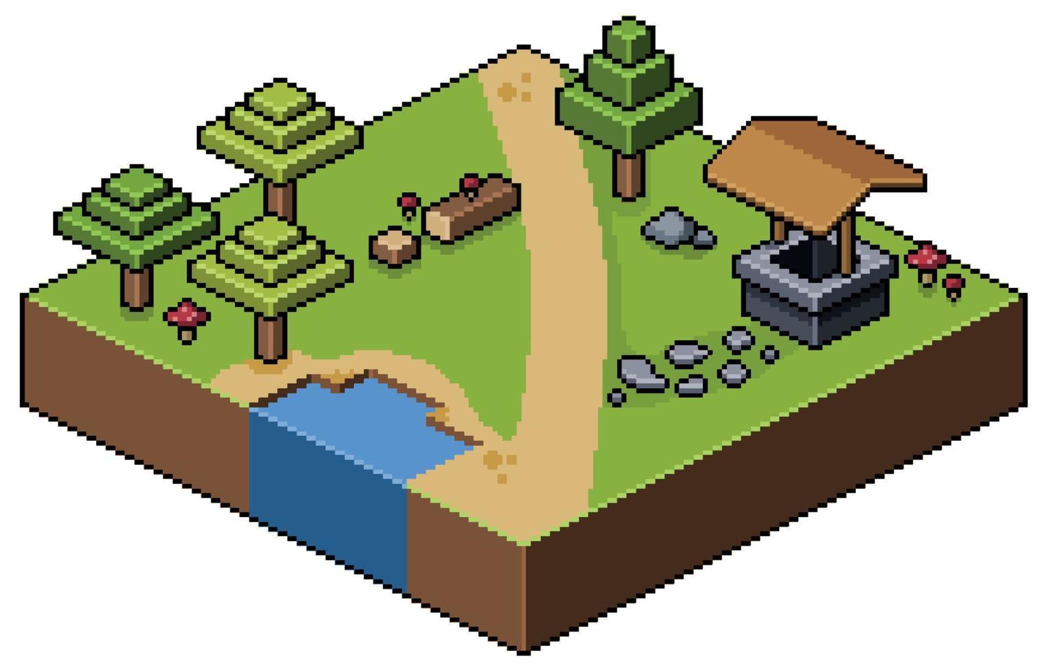 bosque de paisaje isométrico de pixel art con árboles, carretera, escenario de juego de 8 bits de pozo de agua vector