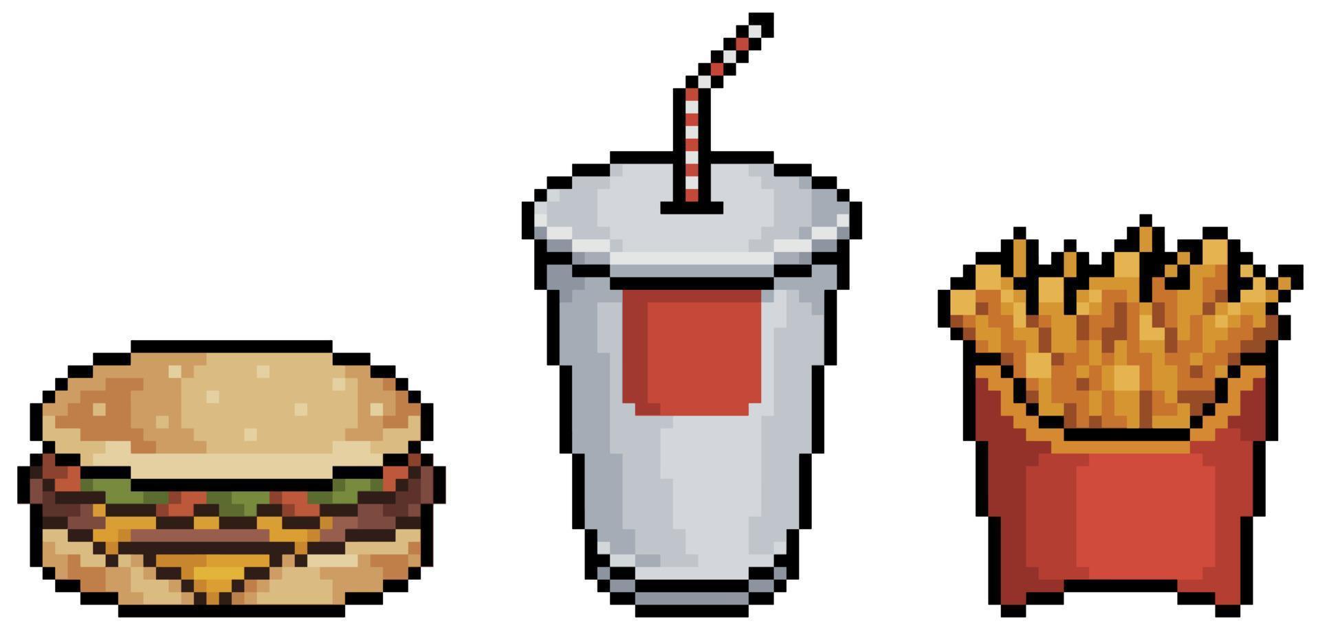 Pixel art hamburger, potato and soda. Fast food vector icon for 8bit game on white background