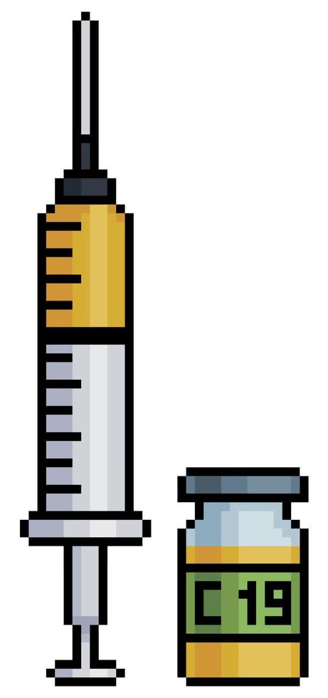 Pixel art vaccine covid 19 syringe and ampoule icon for 8bit game on white background vector