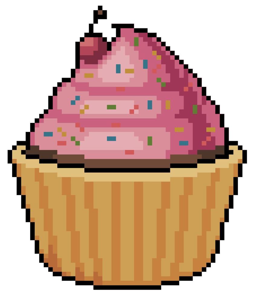 Pixel art cupcake vector icon for 8bit game on white background