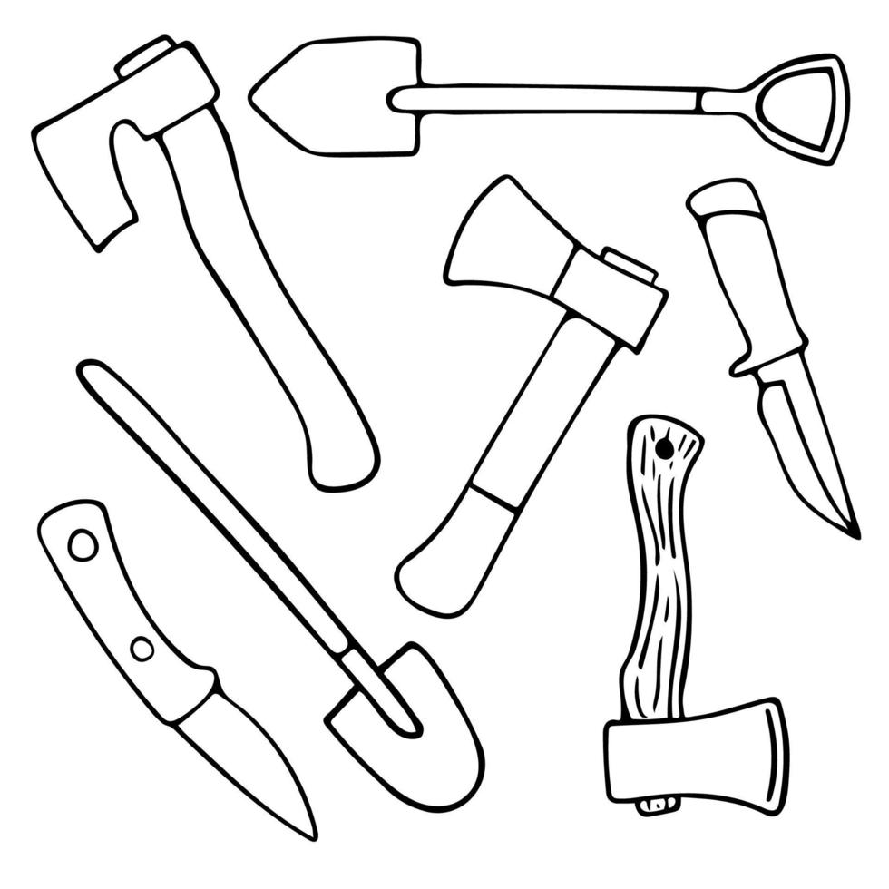 Hand drawn set with doodle axes, shovels and knives. Garden instruments. Vector camping tool set. Outline.