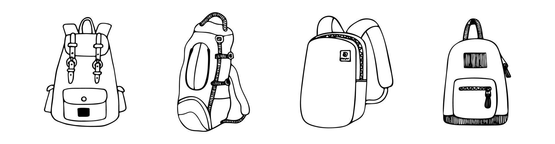 Hand drawn doodle backpack set. Schoolbags and camp backpacks. Vector cliparts. Outline. Travel elements.