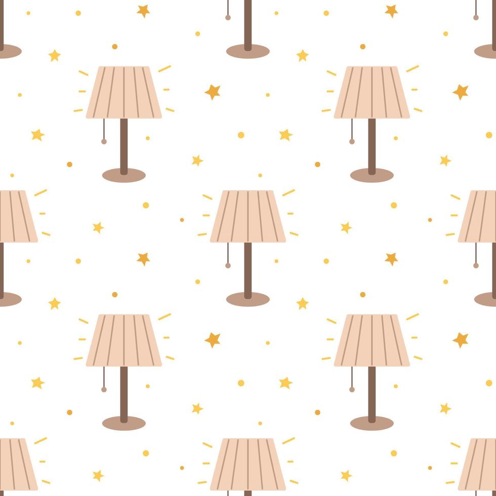 Vector seamless pattern with night lamp and stars. Table lamp background.