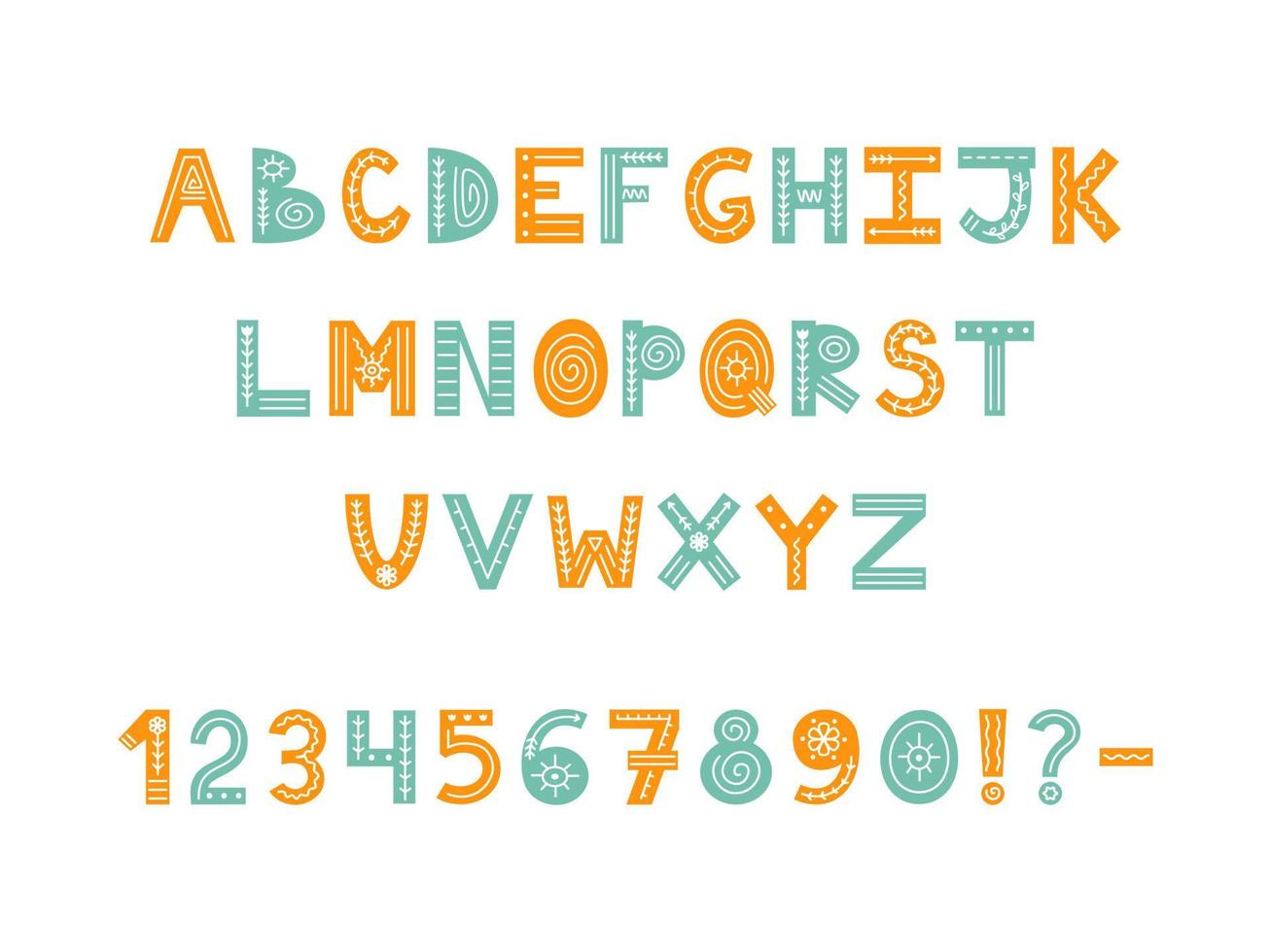 Colorful Scandinavian ornate alphabet with florals and lines. Folk font with letters, numbers and punctuation marks. Latin alphabet in Scandinavian style. vector