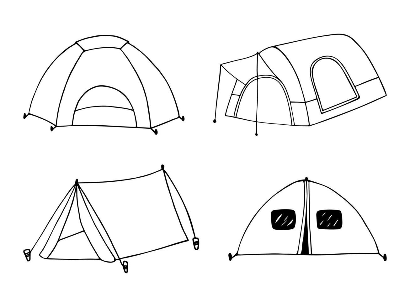 Hand drawn doodle set with camp tents. Vector black and white cliparts.