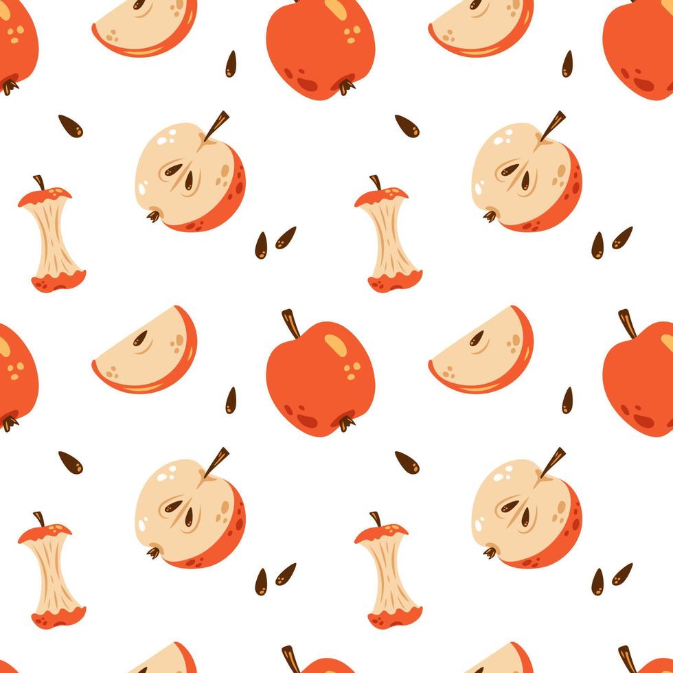Vector cute seamless pattern with red apples. Whole apple, apple half, slice and apple core. Apple pattern.