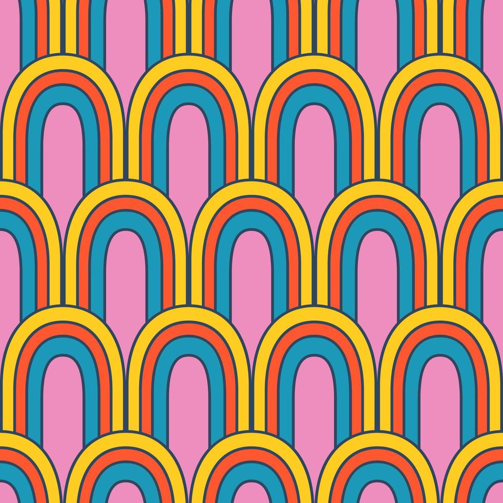 Vector retro pattern with abstract rainbows. Groovy seamless pattern. 70s. Hippie rainbow in retro style.
