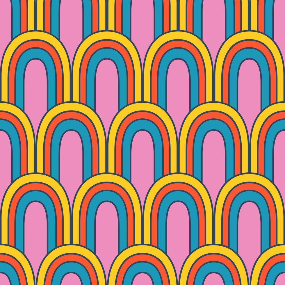 Vector retro pattern with abstract rainbows. Groovy seamless pattern. 70s. Hippie rainbow in retro style.