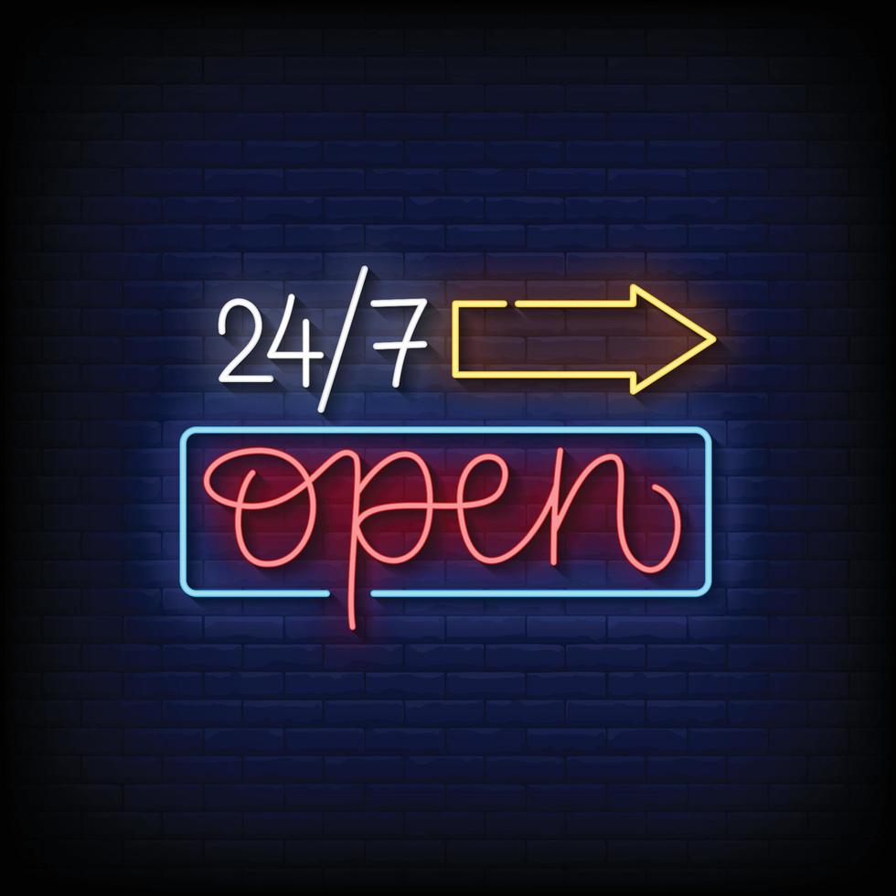 Neon Sign open 24 hours with Brick Wall Background Vector