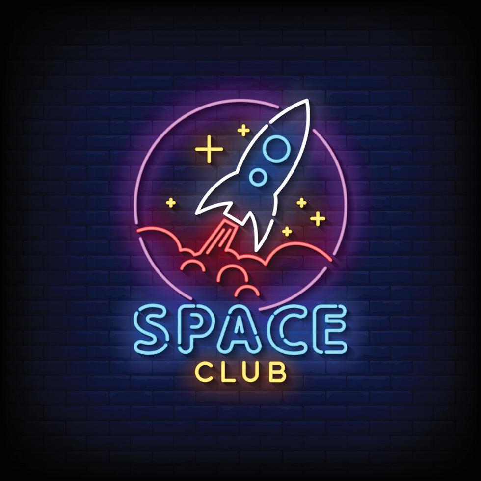 Neon Sign space club with Brick Wall Background Vector