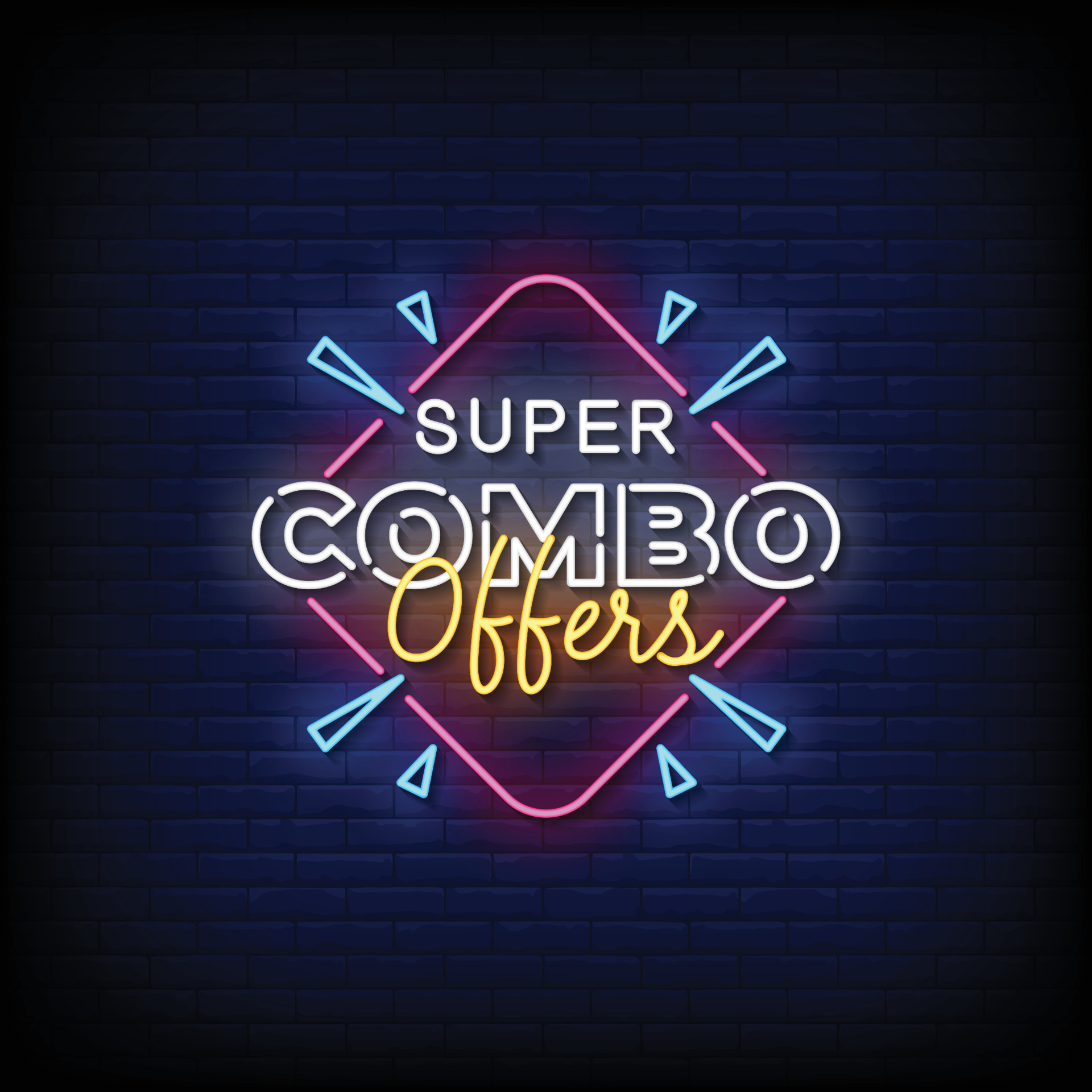 ofertas de super combo de letrero de neón con vector de fondo de pared