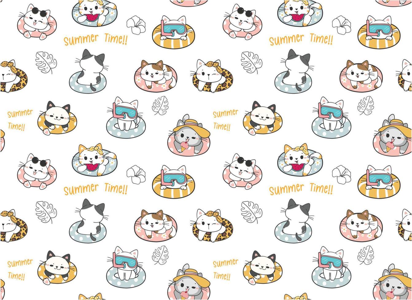 pattern seamless background cute funny kitten cat in swimming ring summer time isolate on white background vector