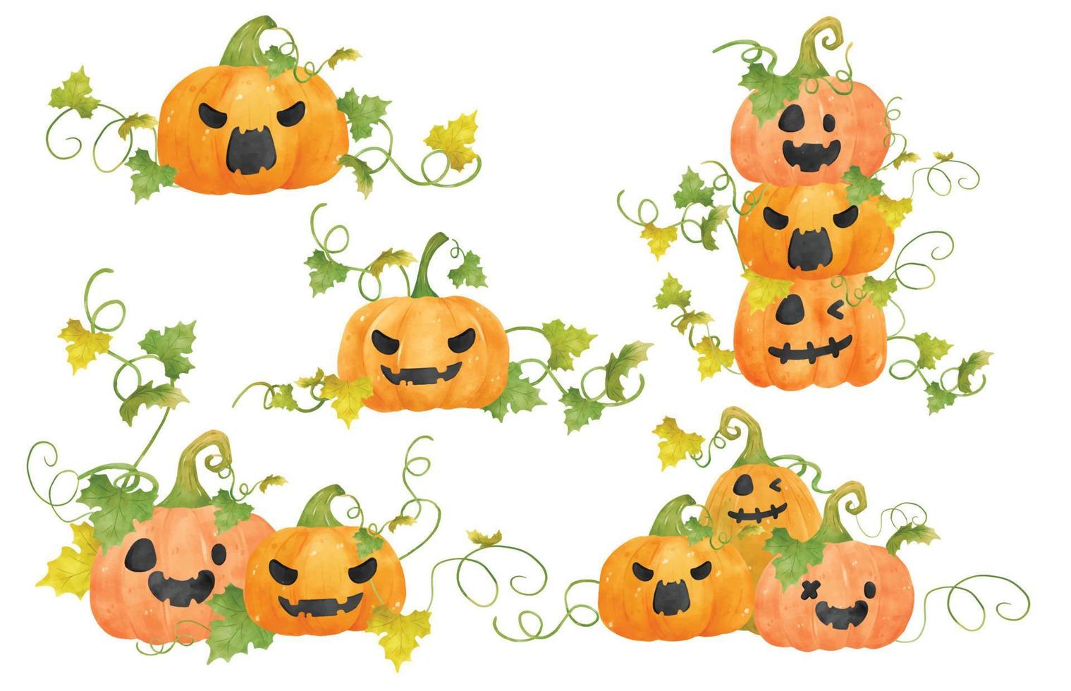group of orange pumpkins watercolor with leaves and vine collection hand drawn illustration vector