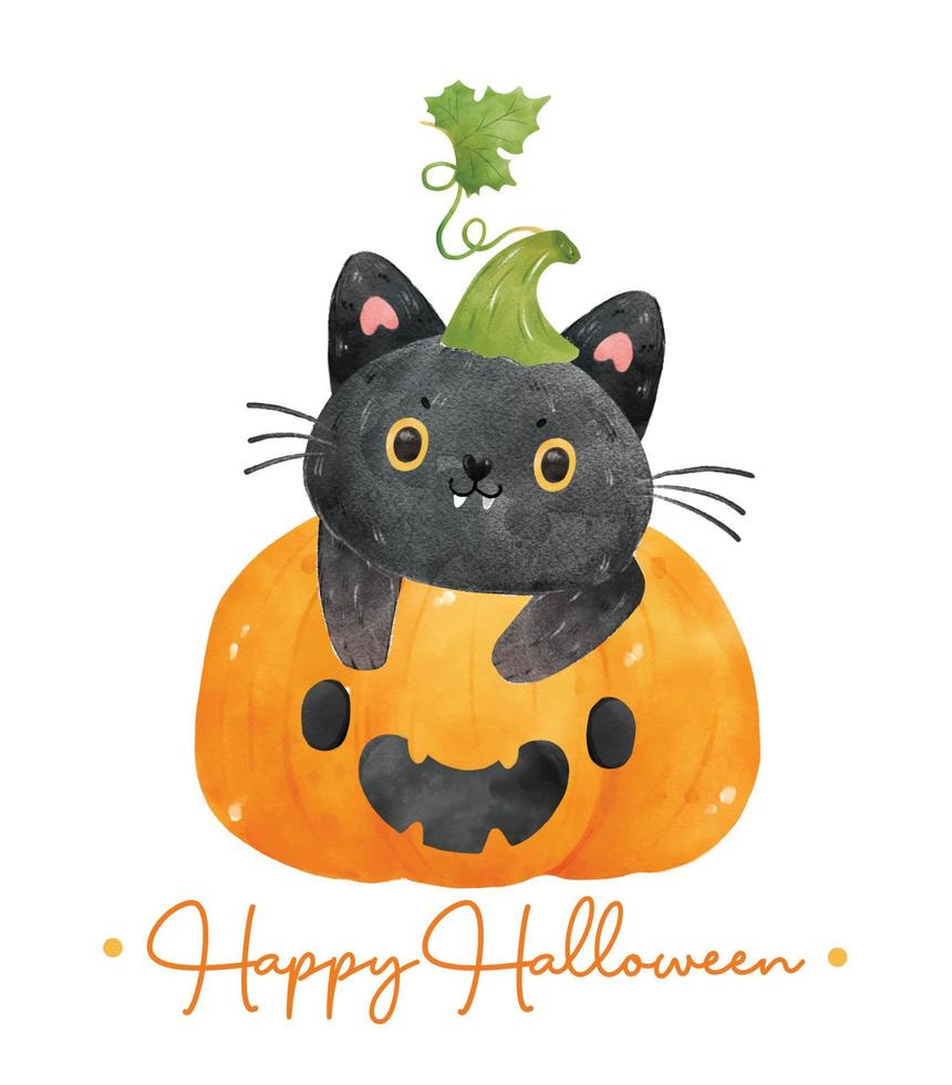 cute watercolor black kitten cat on orange Jack O lantern pumpkin, Happy Halloween, cartoon animal pet hand painting vector illustration