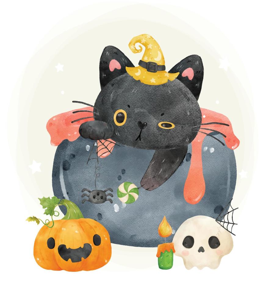 cute balck cat witch in cauldron Halloween watrcolor animal character vector illustration