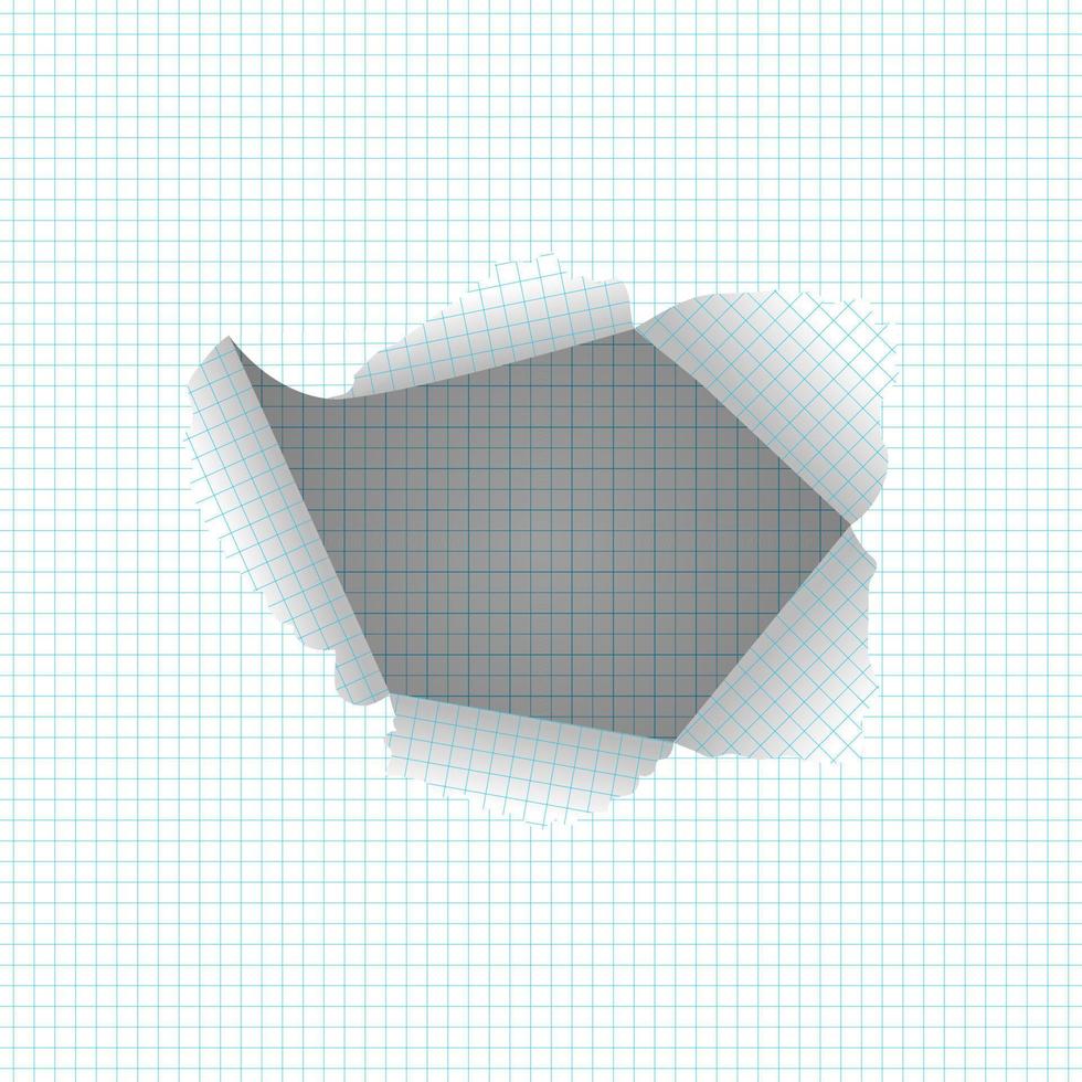 una hoja de papel rota. agujero de papel en el papel cuadrado con bordes irregulares con fondo de sombra. ilustración vectorial vector