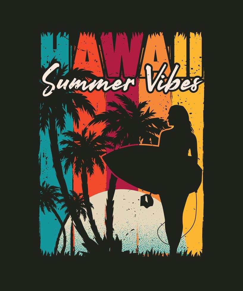 hawaii verano vibes chica surfista ilustración vector