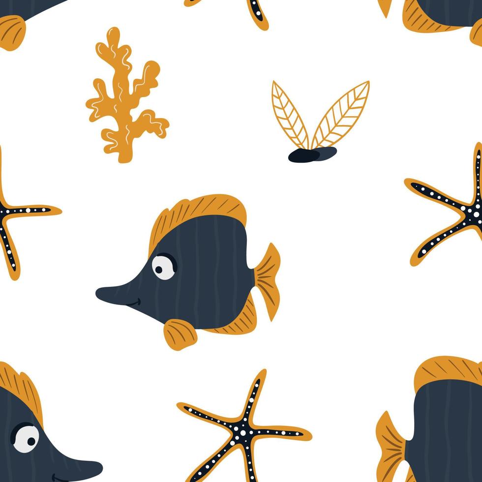 Seamless children's pattern with funny fish and sea animals. Children's texture for fabric, packaging, textiles, wallpaper, clothing. Vector background.