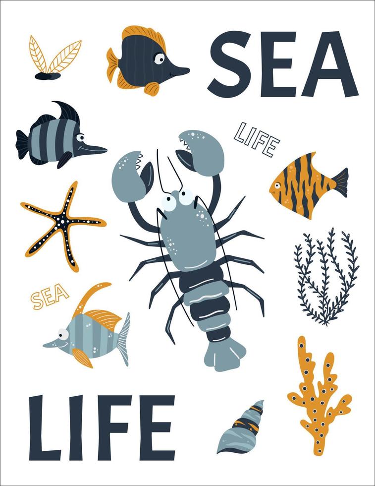 Sea poster and postcard for children. Cartoon marine animals, fish, algae and shells. Suitable for greeting card design, T-shirt design, children's room decor. Vector. vector