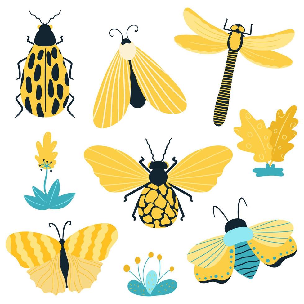 Hand-drawn butterflies, insects and flowers. Moth wings and spring colorful flying insect and beetle. Vector on a white background.