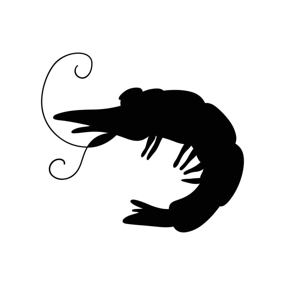 Black silhouette of a sea shrimp, side view. Silhouette of a marine animal. Vector illustration isolated on a white background