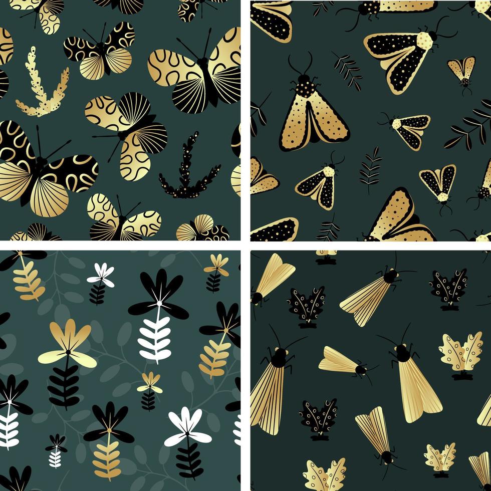 Seamless pattern of gold and black butterflies. Template for the design of trendy fabrics, home textiles, clothing, paper, wallpaper, unusual packaging, curtains. Vector illustration.