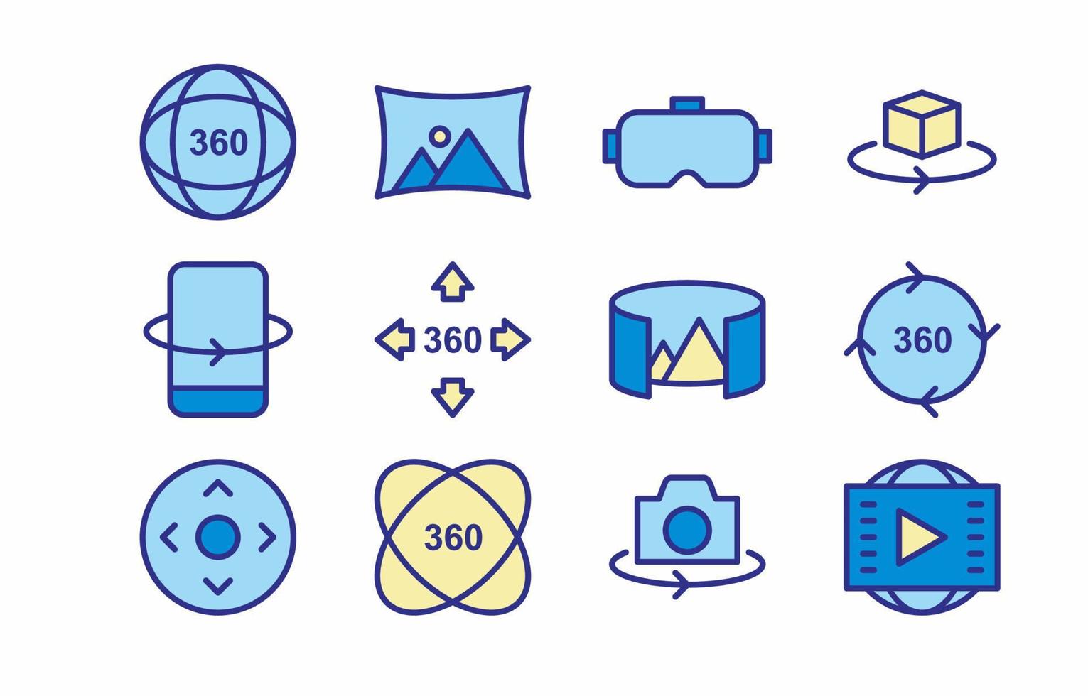 colección de iconos planos coloridos de tecnología de 360 grados vector