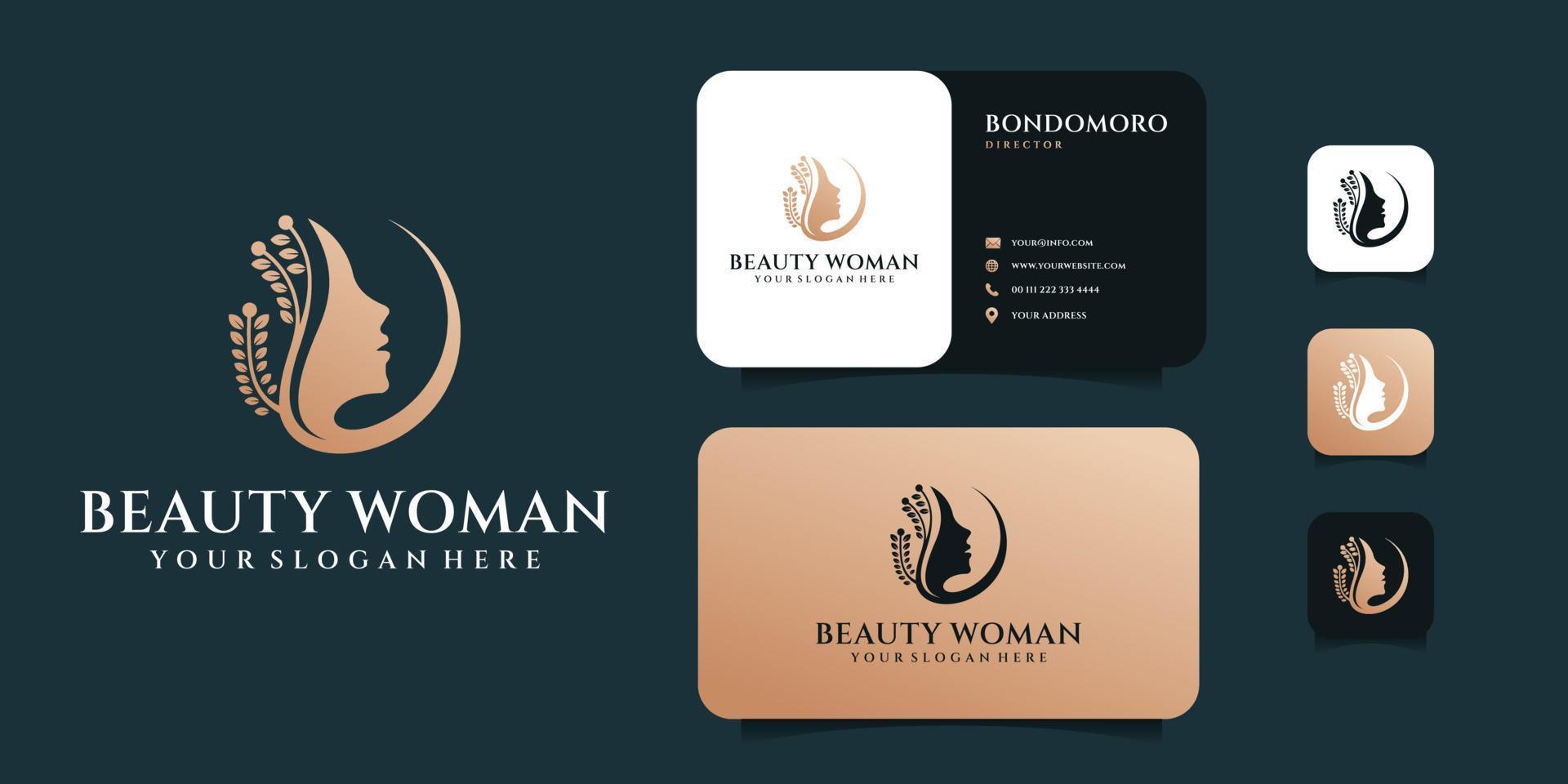 diseño de logotipo de belleza de mujer con plantilla de tarjeta de visita vector
