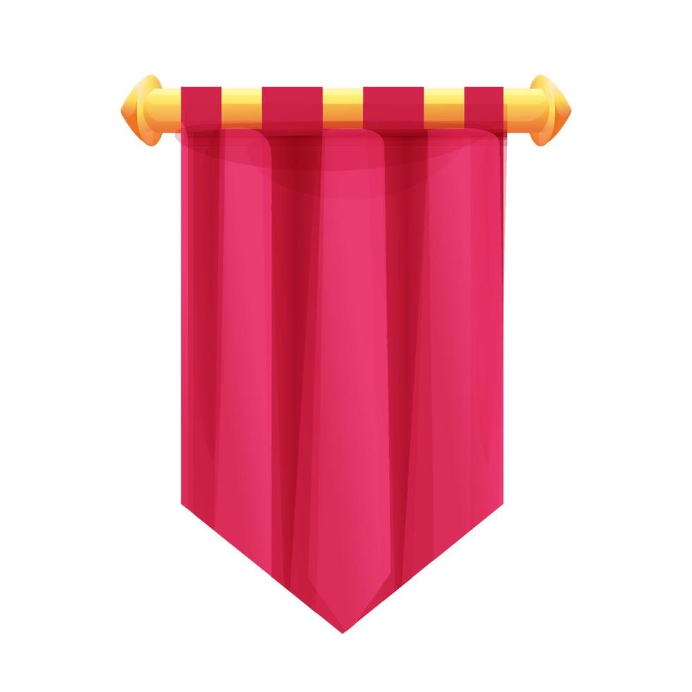 Bandera de bandera medieval colgante roja con textura de tela y decoración dorada en estilo de dibujos animados aislado sobre fondo blanco. activo del juego ui, elemento de diseño heráldico,. ilustración vectorial vector