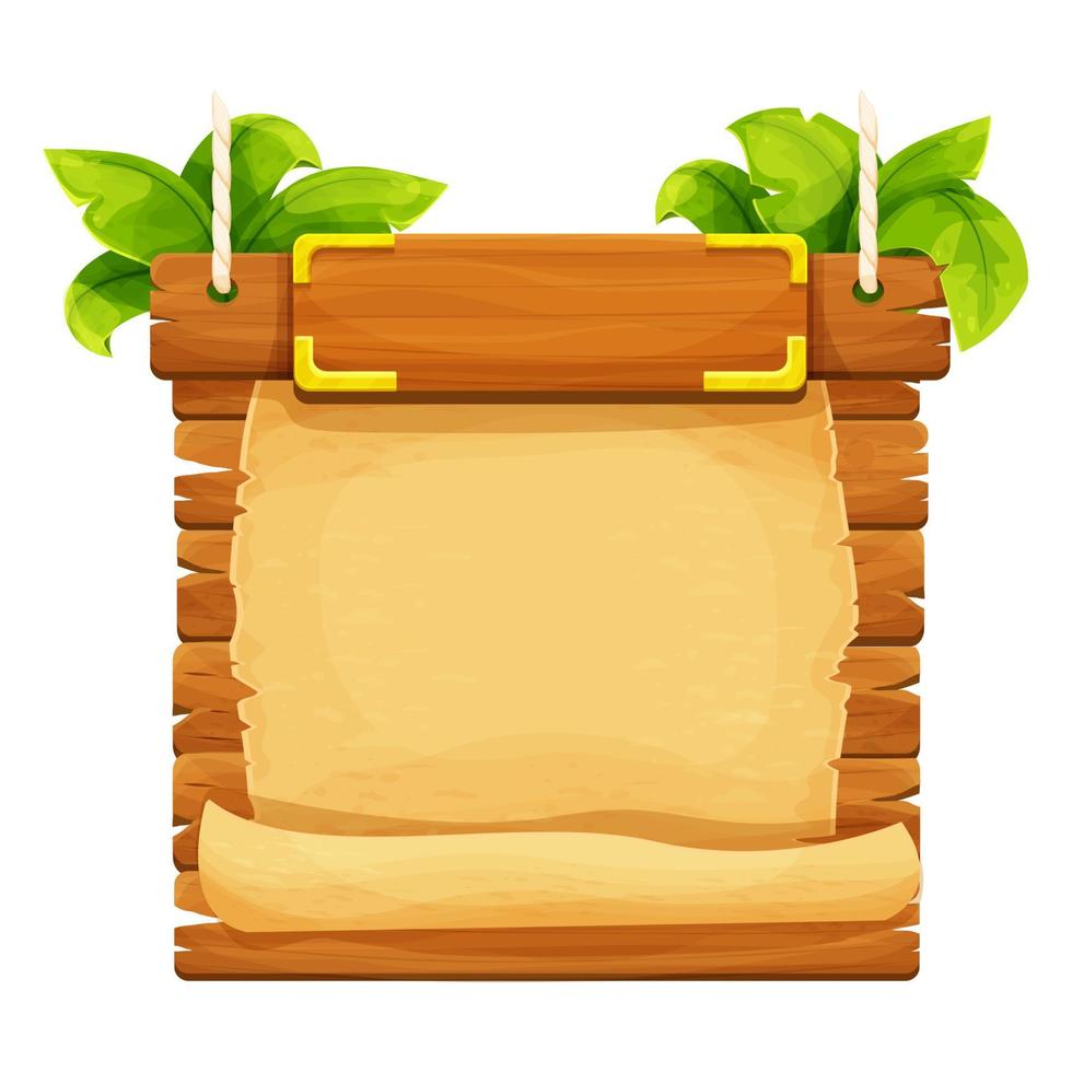 marco de la selva con tablones de madera, papel viejo, cuerda, plantas decoradas y hojas en estilo de historieta cómica aislado sobre fondo blanco. imágenes prediseñadas tribales y rurales. activo del juego ui. ilustración vectorial vector