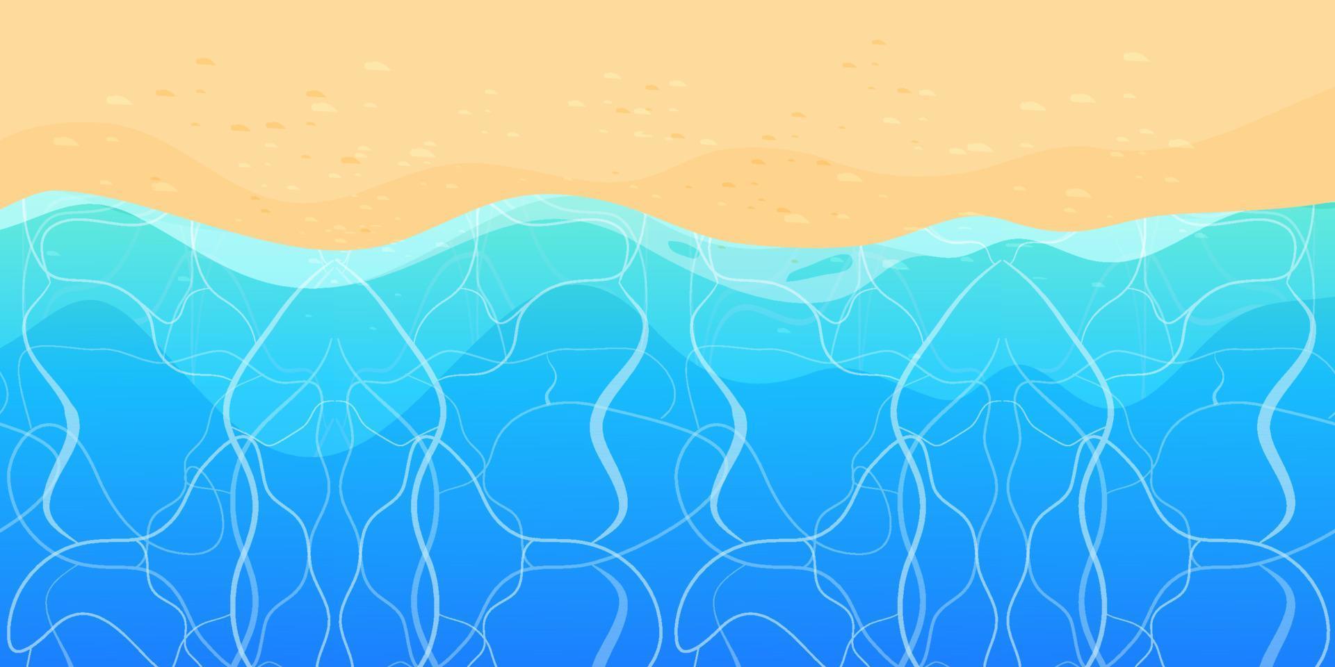 playa de verano con vista superior de arena y olas en estilo de dibujos animados, fondo. línea de costa tropical, paisaje, paisaje. ilustración vectorial vector