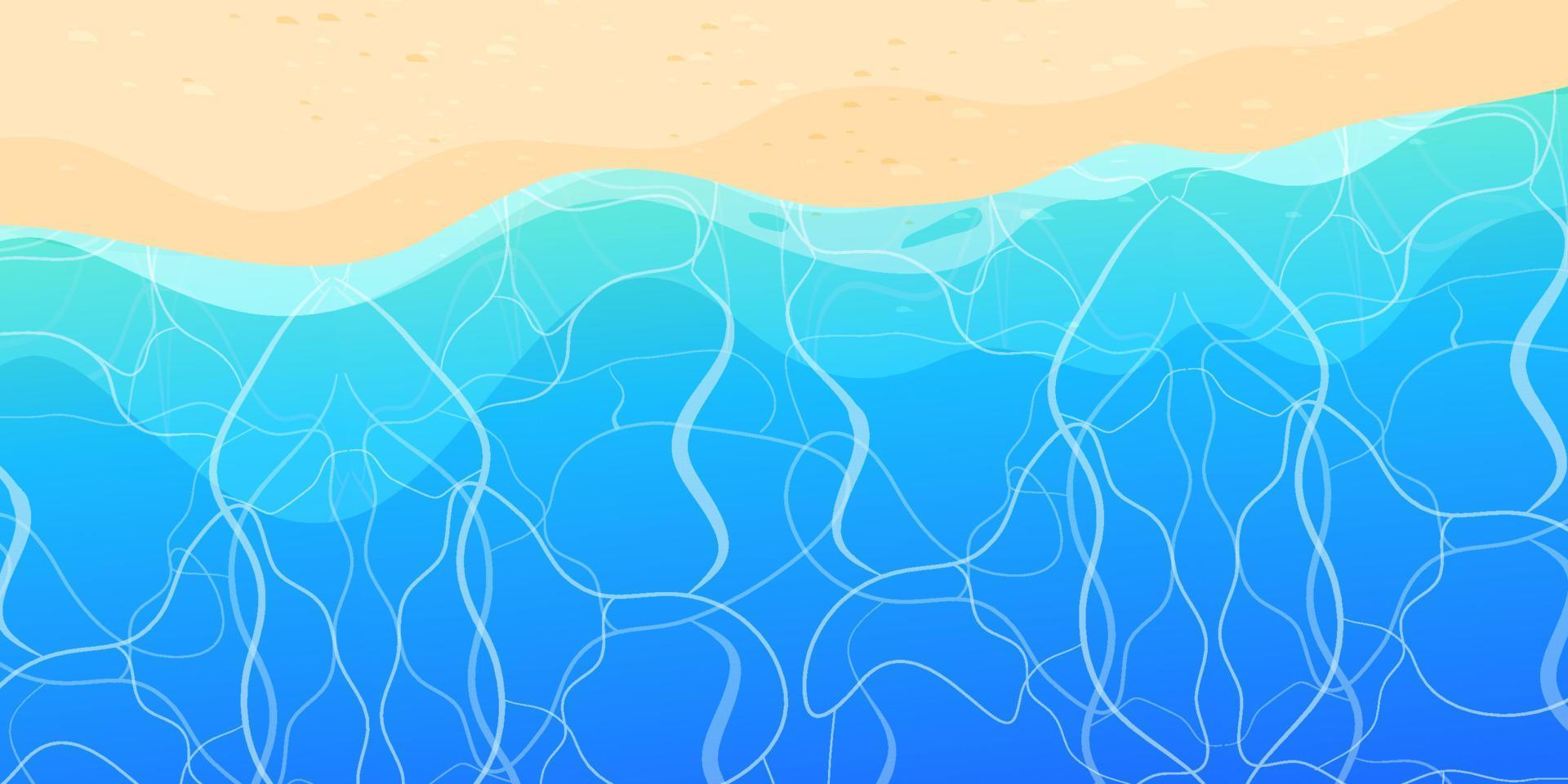 playa de verano con vista superior de arena y olas en estilo de dibujos animados, fondo. línea de costa tropical, paisaje, paisaje. ilustración vectorial vector