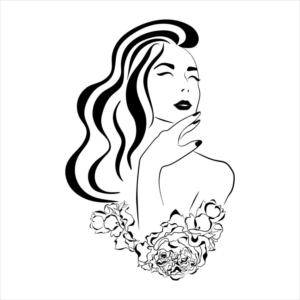 retratos femeninos de arte lineal con flores en la cabeza. ilustración vectorial aislada. diseño de logotipos para salones de belleza vector