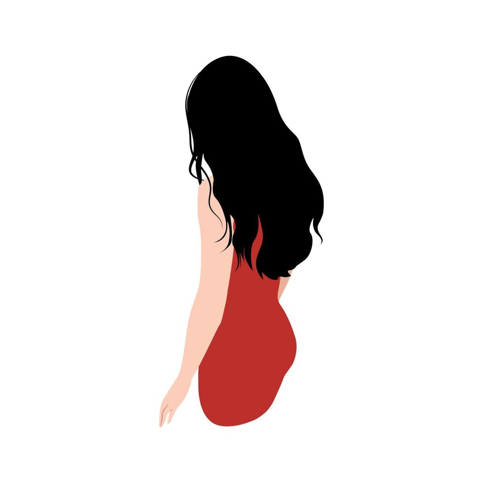 Girl with long black hair in a red dress, view from the back. Vector illustration in flat style