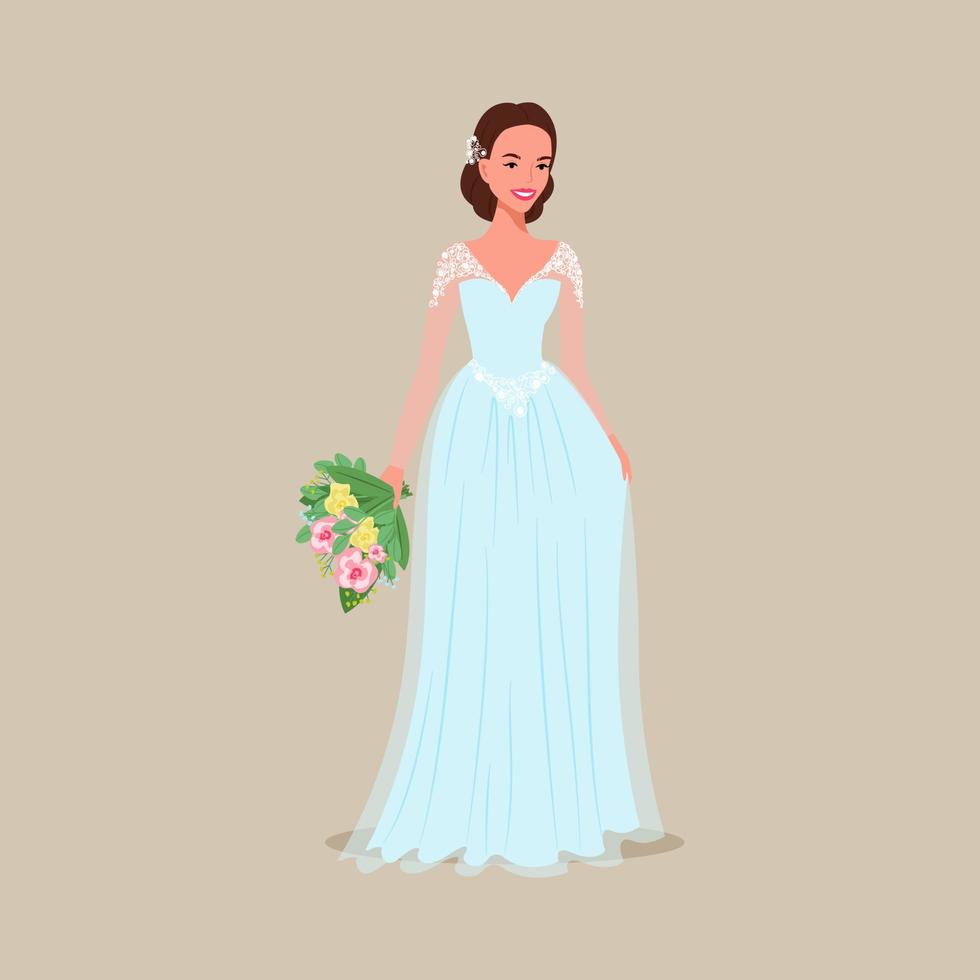 Bride in an evening dress with a bouquet in her hands. Vector illustration in flat cartoon style