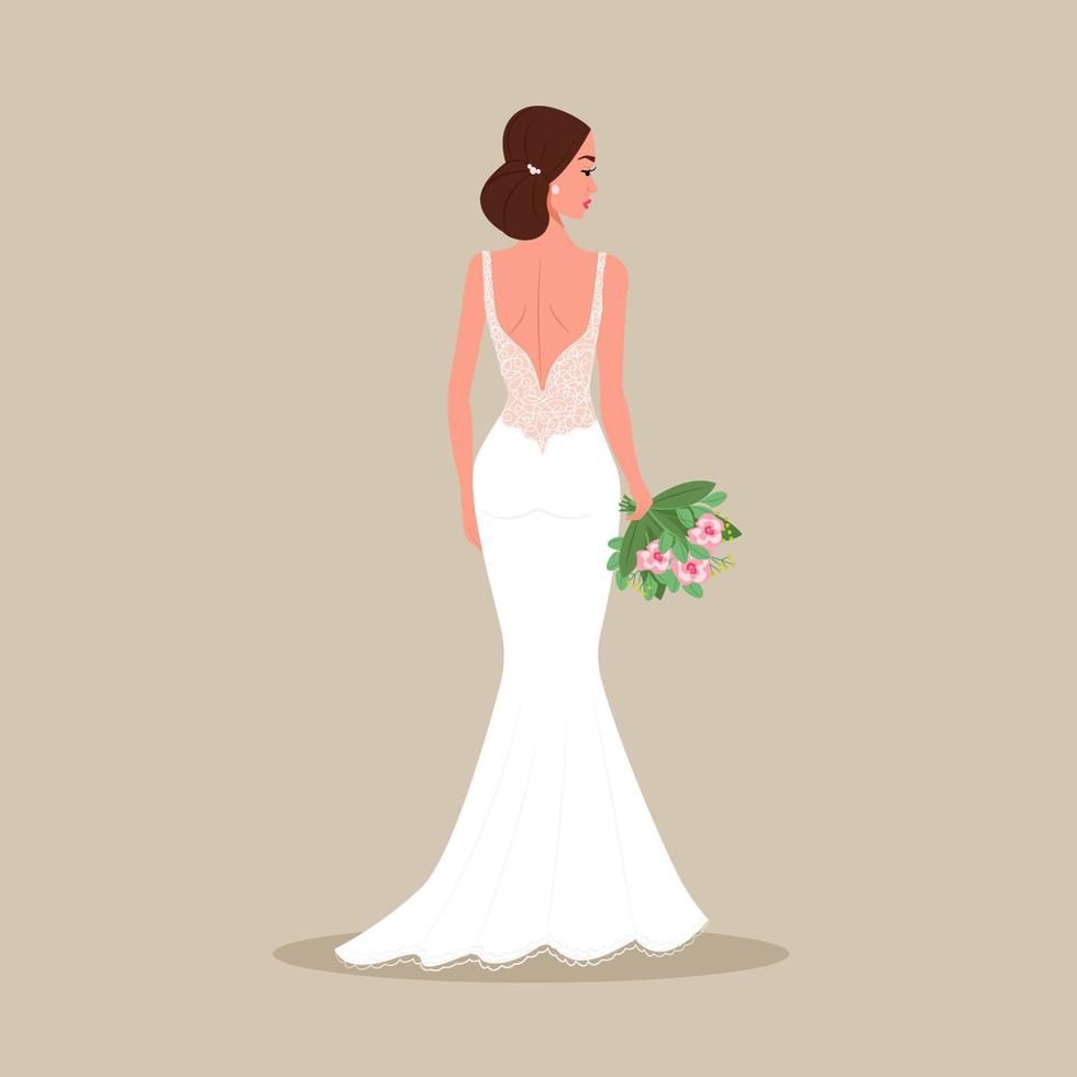 The bride in an evening dress with a bouquet in her hands. Vector illustration in flat cartoon style