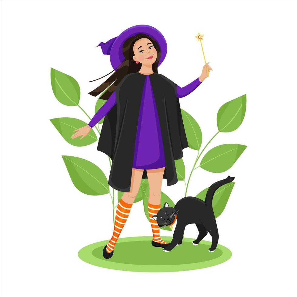 A cute witch in a robe and a big hat with a magic wand in her hand, a black cat at her feet. Vector illustration in flat style