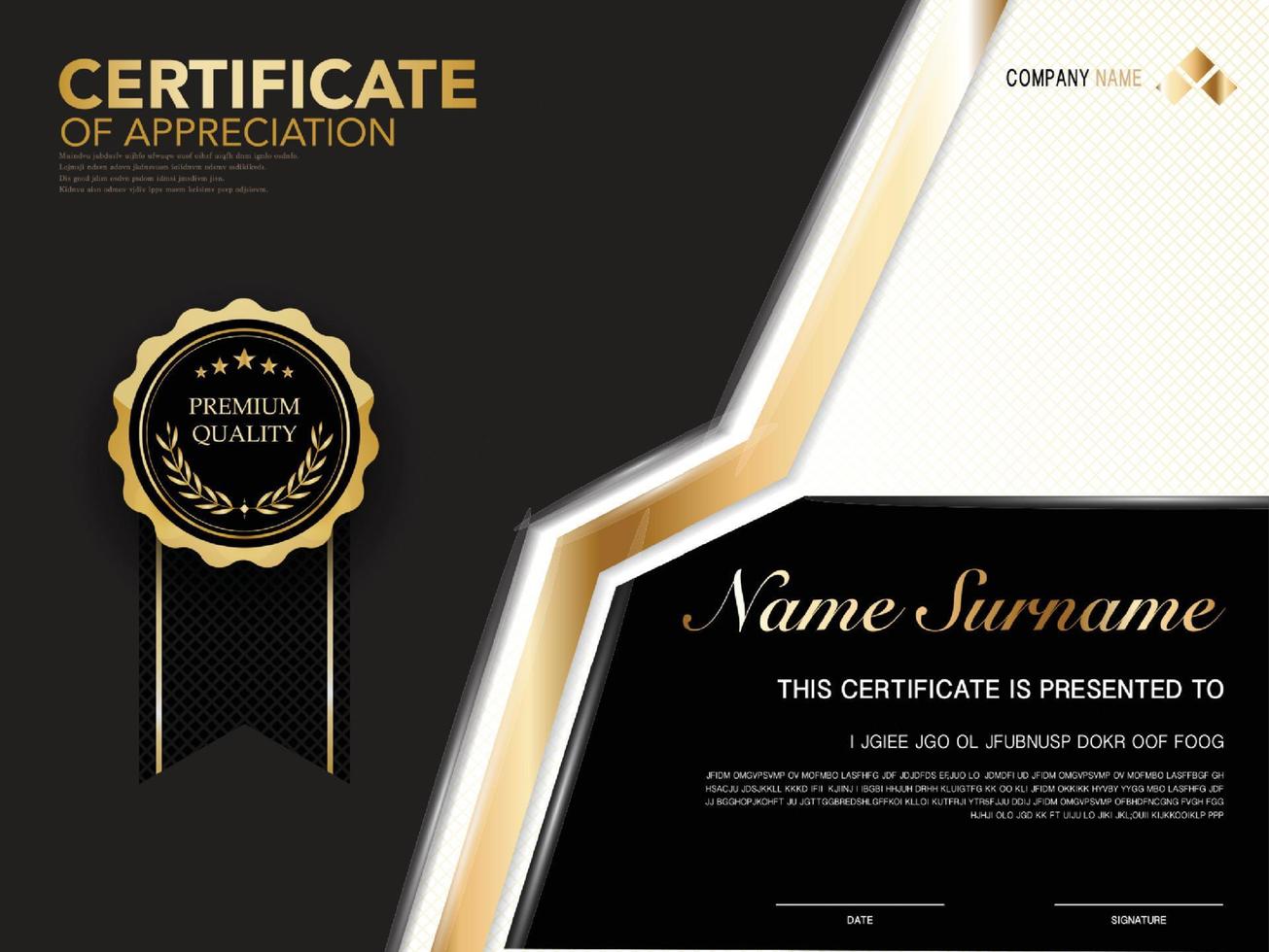 plantilla de certificado de diploma color negro y dorado con imagen vectorial de lujo y estilo moderno vector