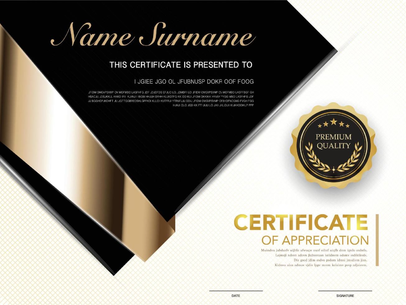 plantilla de certificado de diploma color negro y dorado con imagen vectorial de lujo y estilo moderno vector