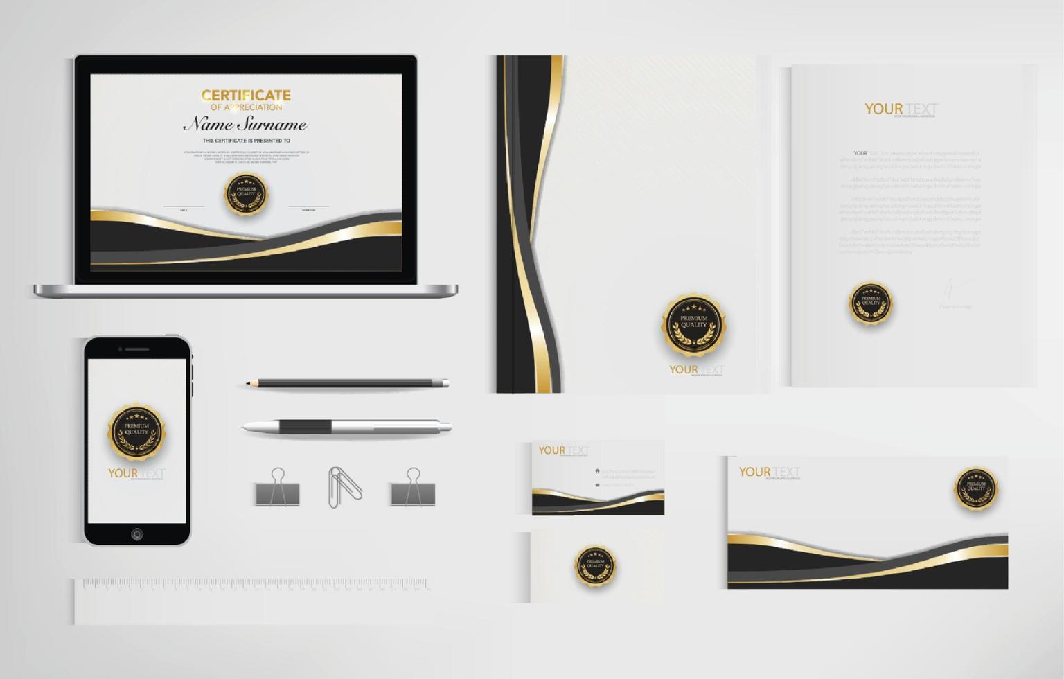 Set of office documents for business, Include laptop, tablet, smartphone, pen, pencils, paperclip, business cards, envelope, document file, certificate, vector Illustration