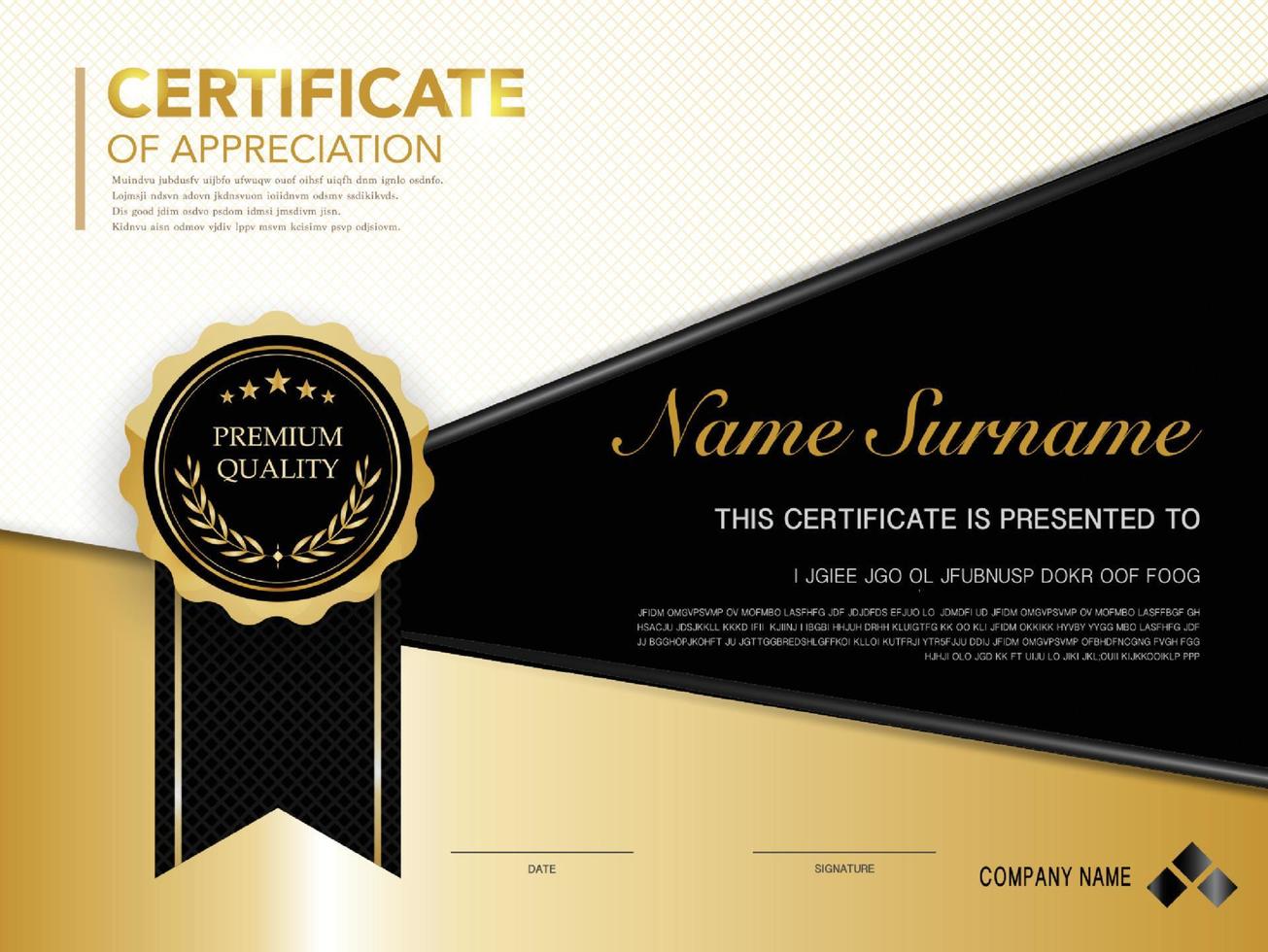 plantilla de certificado de diploma color negro y dorado con imagen vectorial de lujo y estilo moderno vector