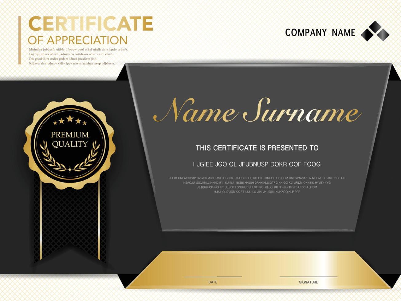 plantilla de certificado de diploma color negro y dorado con imagen vectorial de lujo y estilo moderno vector